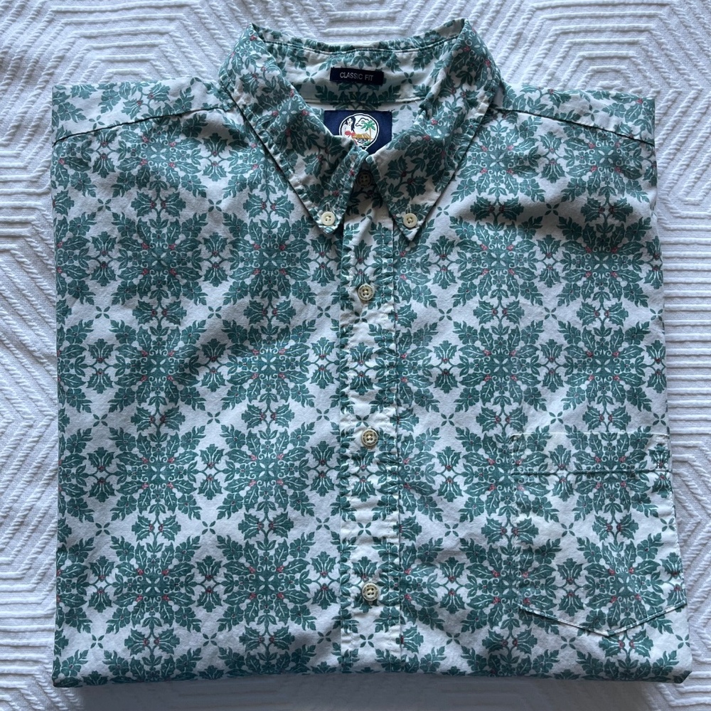 Reyn Spooner Men's XXL Button Down Shirt Cotton Hawaiian Aloha Green Holly Red